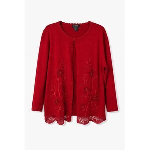 Jenny Red Embroidered Beaded Cardigan 2X Lace Hem Cottagecore Boho Romantic VTG